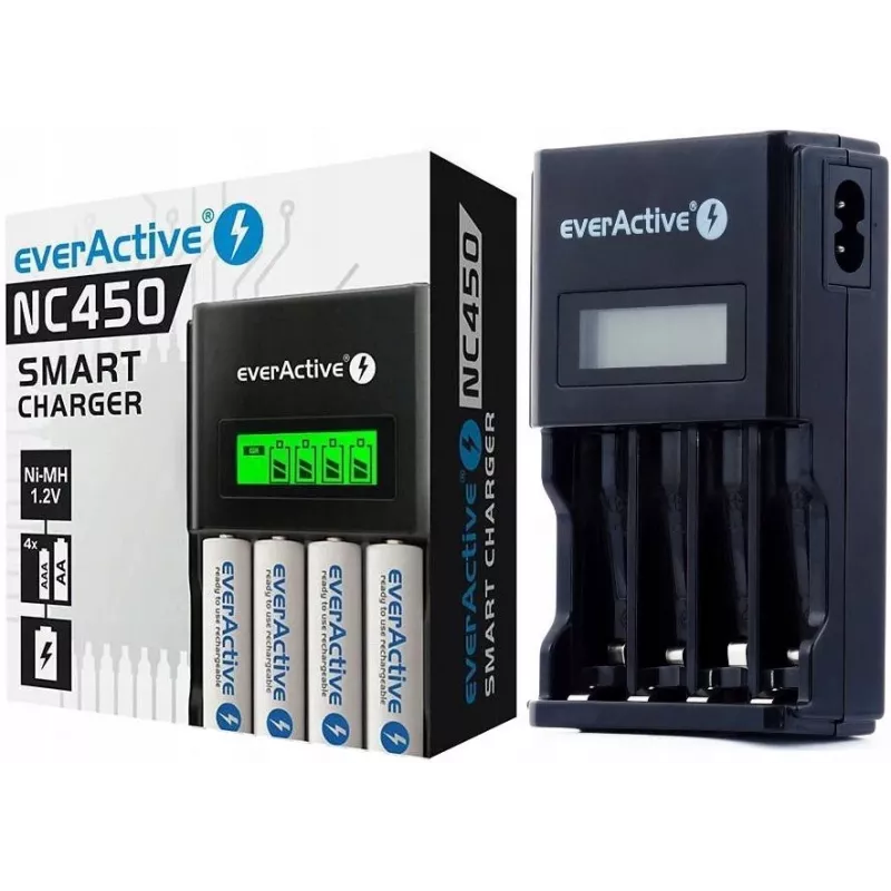 Caricabatterie everActive NC450B — caricabatterie 4 celle AAA, 110/230V AC, nero