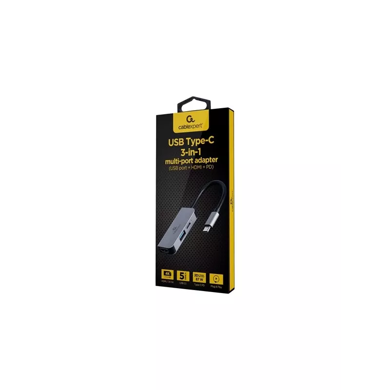 Gembird A-CM-COMBO3-02 adattatore multiporta USB-C 3 in 1, hub USB 3.2 Gen 1, HDMI 4K, USB-C PD 87 W, argento