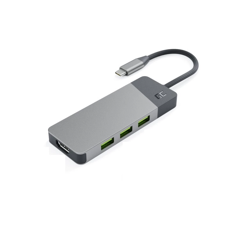 Hub USB Type-C Green Cell HUBGC01 — 7 porte: 3×USB-A 3.2 Gen 1, 1×USB-C 3.2 Gen 1, HDMI, lettore schede microSD+SD — argento