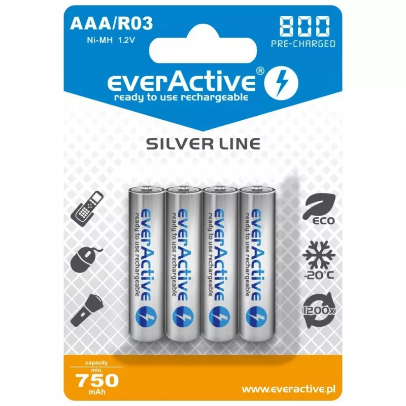 Batterie ricaricabili AAA NiMH everActive EVHRL03-800 – 1,2 V, 4 pz., cilindriche 44,5×10,5 mm