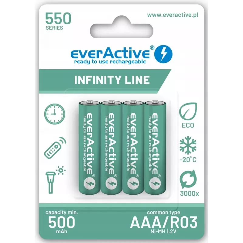 Batterie ricaricabili AAA NiMH everActive EVHRL03-550 1,2 V 550 mAh confezione da 4, cilindriche R03