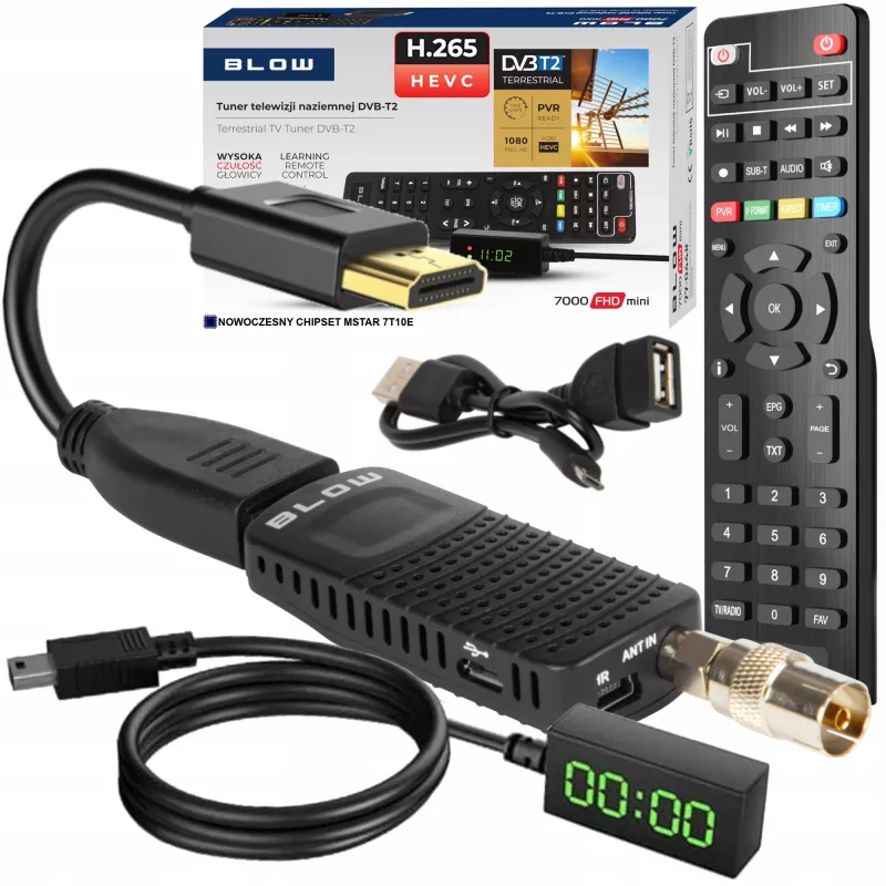 Sintonizzatore DVB-T2 BLOW 7000FHD MINI H.265 – compatto ricevitore TV terrestre, HDMI, USB, S/PDIF, audio L/R, televideo