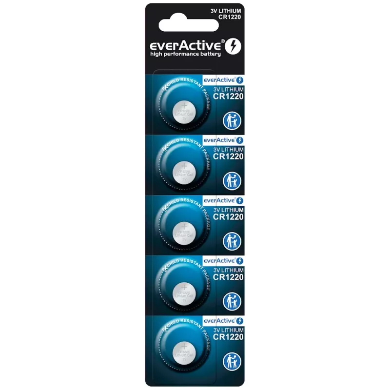 Batteria a bottone al litio everActive CR1220 — 3V, 40 mAh, 12,5×2 mm, monouso, 5 pz.