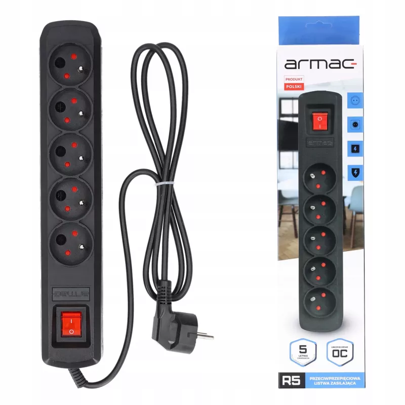 Ciabatta ARMAC R5 — 5 prese, cavo 5 m, nero
