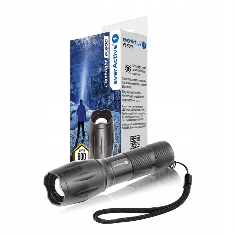 Torcia everActive FL600 — 600 lm, 10 W, corpo in alluminio, IPX4, 130 mm, 3×AAA, rossa
