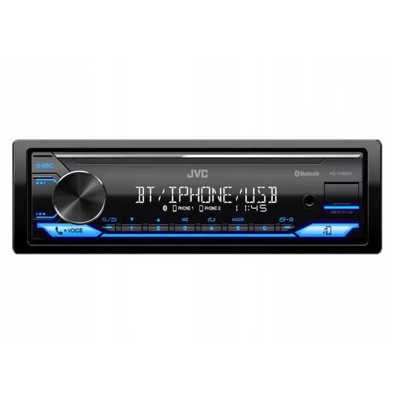 Autoradio JVC KDX-382BT con Bluetooth e USB — Single DIN, ingresso AUX, sintonizzatore FM
