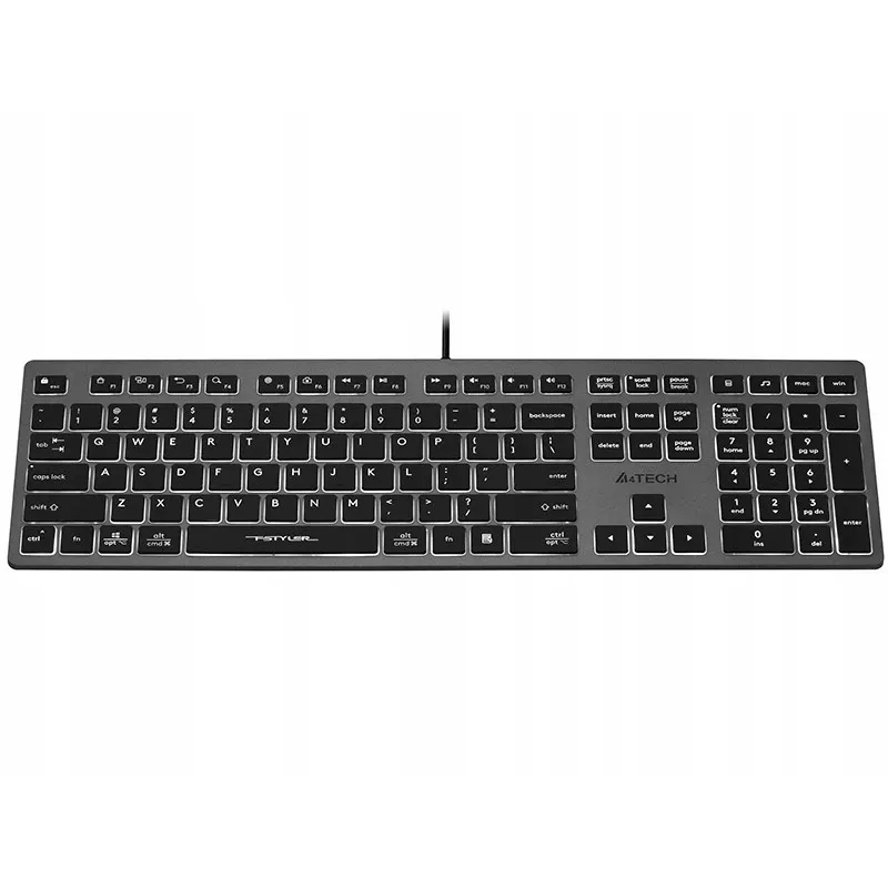 Tastiera A4Tech con filo FX60H USB QWERTY – Full-Size 100%, retroilluminata bianco, grigio, hub USB
