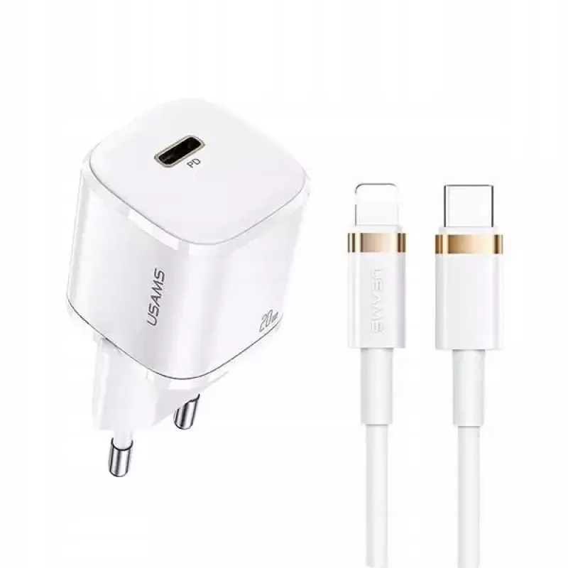 Caricabatterie da parete USAMS T36 Mini USB-C, 20 W, PD 3.0, con cavo USB-C a Lightning 1 m