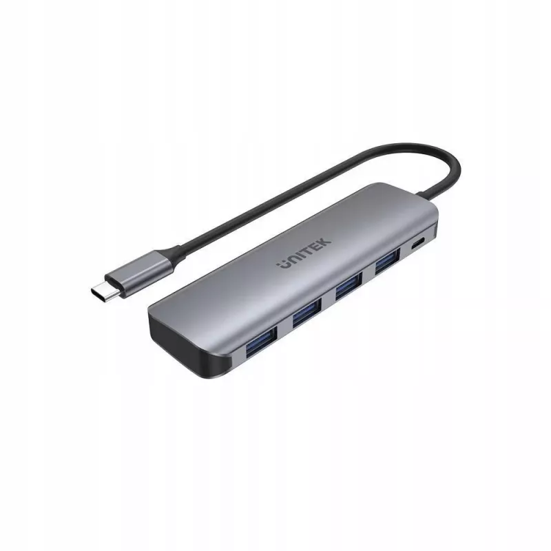 Hub USB Unitek P5+ — 5 porte (4 × USB 3.2 Gen 2 Type-A), host USB 3.2 Gen 1, 5 Gbit/s, 10 W PD, alluminio, grigio