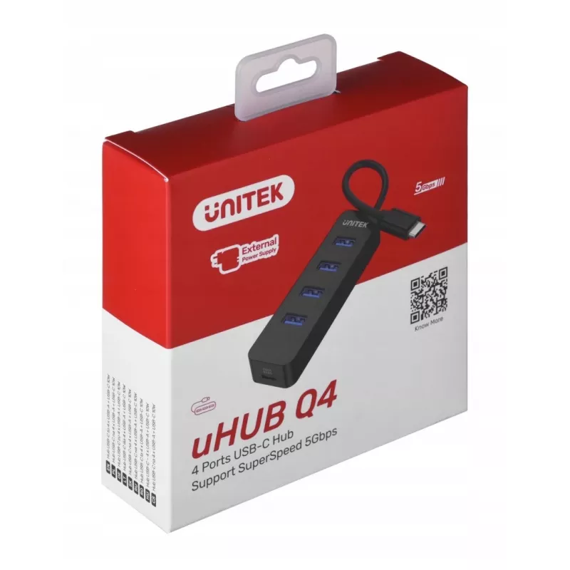 Hub USB Unitek uHUB Q4 – hub 4 porte USB 3.2 Gen 1 (Type-A), host USB-C, 5 Gbit/s, 10 W, nero