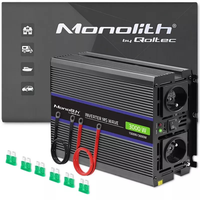 Inverter QOLTEC Monolith 3000 MS Wave, 12V→230V, 1500/3000W, con USB
