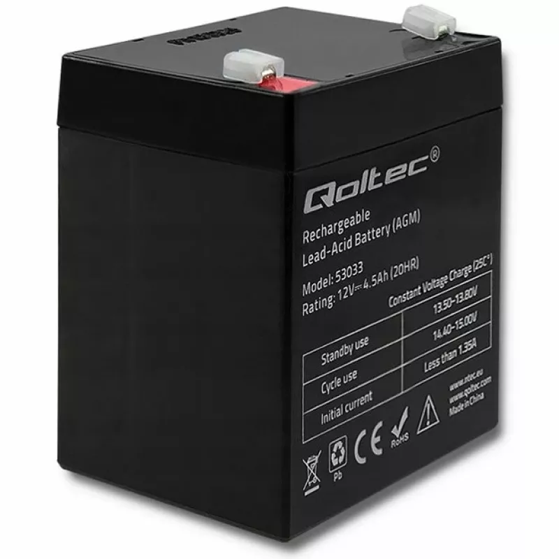 Qoltec 53033 batteria AGM 12 V 4,5 Ah, max 1,35 A, senza manutenzione