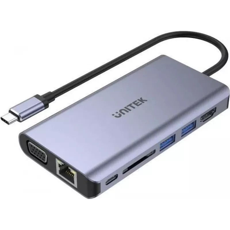 UNITEK uHUB O8+ hub USB 3.2 Gen 1 Type-C con filo, grigio, 100W Power Delivery