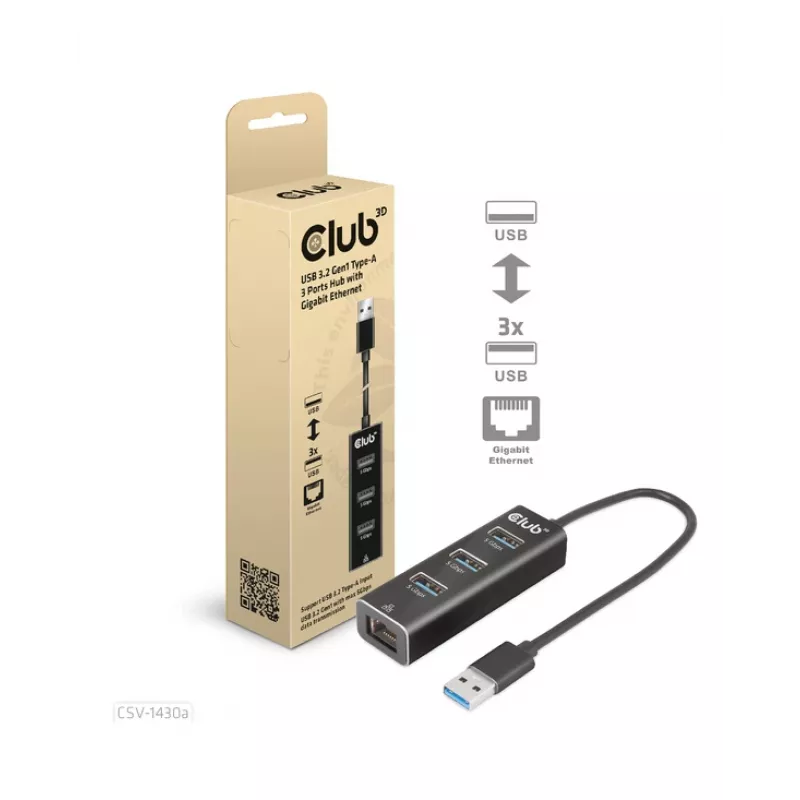Hub USB CLUB3D USB 3.2 Gen1 Type-A con 3 porte e Gigabit Ethernet