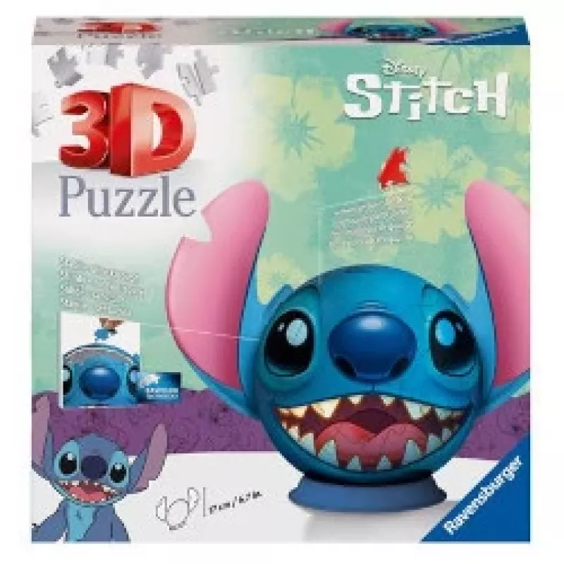 Ravensburger 11574 Disney Stitch puzzle 3D a forma di palla con orecchie, 77 pezzi, da 6 anni