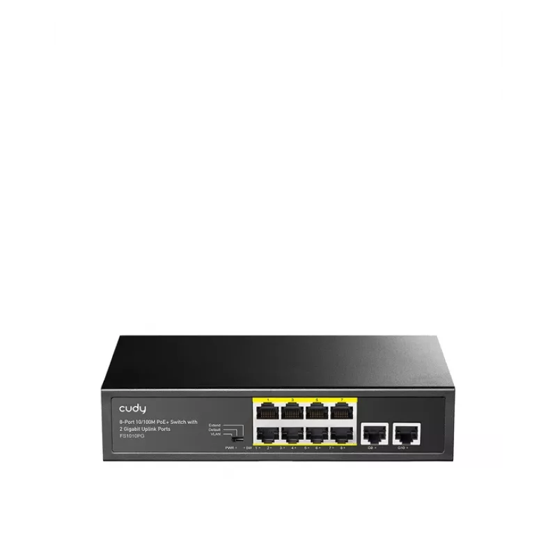 Switch di rete Cudy FS1010PG — 10/100 Mbps, 8 porte PoE, 2 uplink, budget PoE 120W, case in metallo