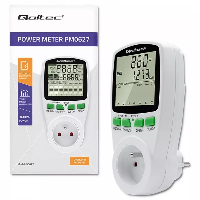 Misuratore di potenza QOLTEC PM0627 3680W con storico — QOLTEC PM0627 3680W