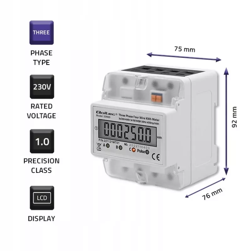 Contatore di energia elettronico trifase QOLTEC 50900 400V LCD 4P