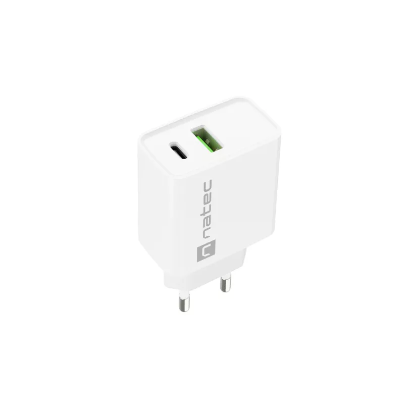 Caricabatterie rapido da parete NATEC RIBERA 12V 20W USB-C PD 3.0 + USB-A Samsung AFC bianco