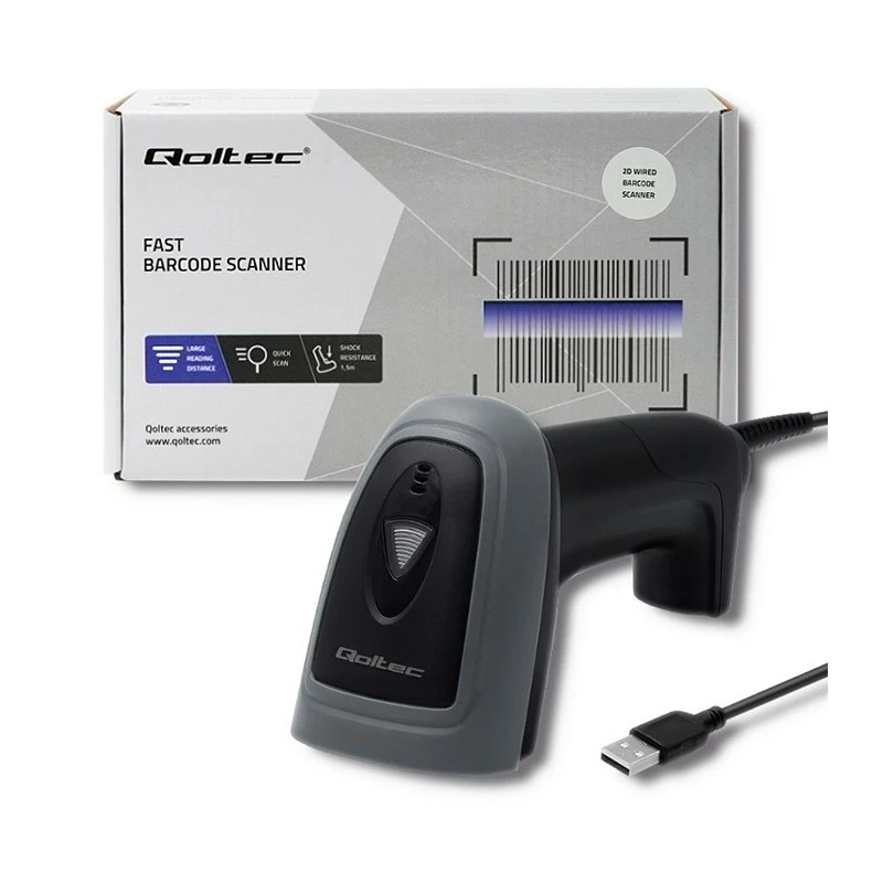 Lettore di codici a barre portatile QOLTEC 50863 — scanner 1D/2D, USB con cavo, sensore LED, nero, 5V, cavo 1,8 m