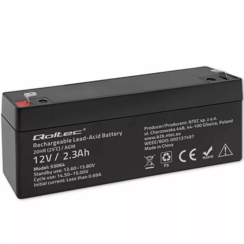 Batteria AGM sigillata QOLTEC 12V 2,3Ah per sistemi UPS e backup, scarica max. 34,5A