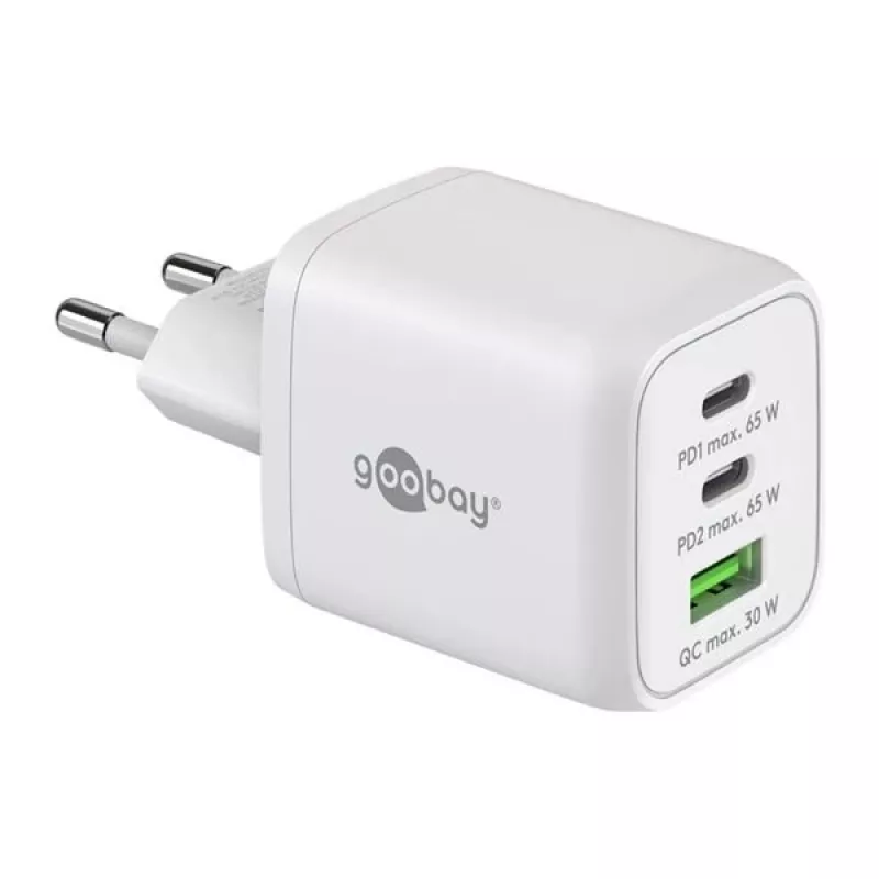 Caricabatterie rapido USB-C Nano, PD, GaN, 65 Watt (bianco, 1x USB-A, 2x USB-C PD, Charge 3.0)