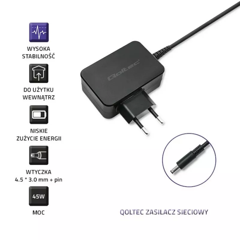 QOLTEC Alimentatore per Dell Laptop 45W 19,5V 2,31A 4,5x3,0mm punta blu