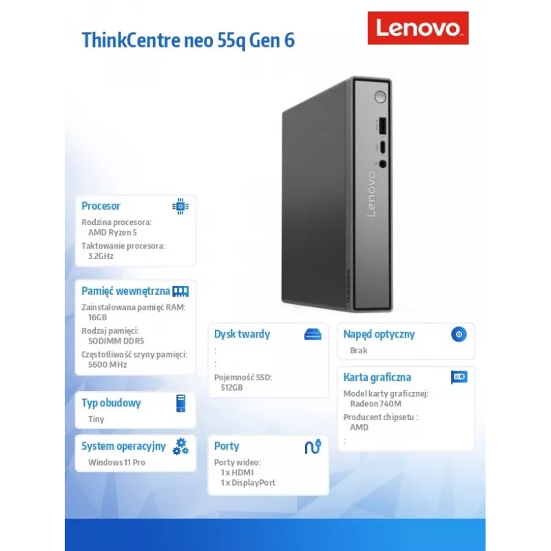 Lenovo ThinkCentre neo 55q Gen 6 13GN000MPB Mini PC, AMD Ryzen 5 220, 16GB DDR5, 512GB SSD, Windows 11 Pro