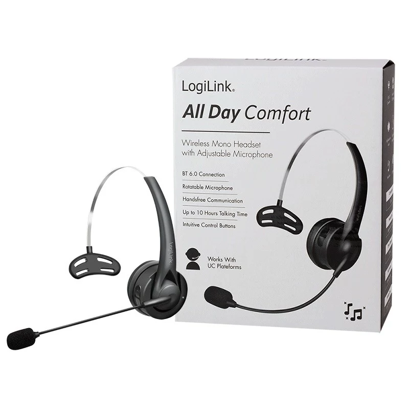 LogiLink BT0075 cuffia mono Bluetooth 6.0 con microfono flessibile, nera