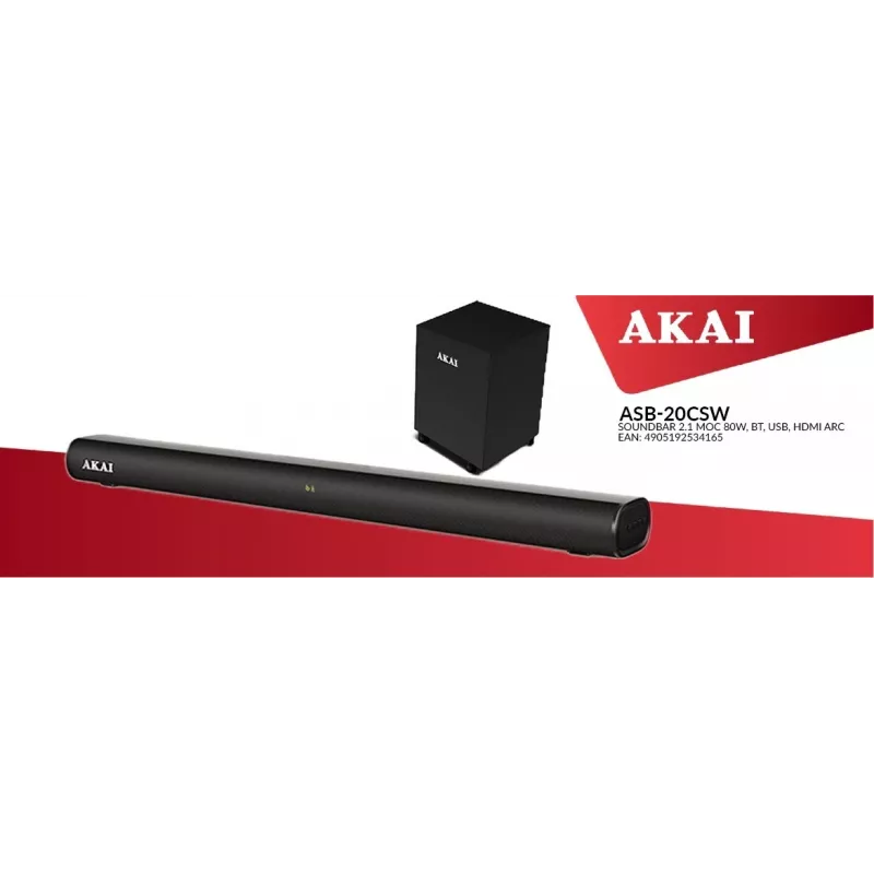 AKAI Soundbar ASB-20CSW 2.1 80W subwoofer wireless Bluetooth 5.0 HDMI ARC