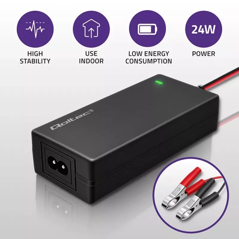 Qoltec Caricabatterie automatico per batterie AGM GEL STD | raddrizzatore 12V | 2A | 24W | LED | cavo 1,8m