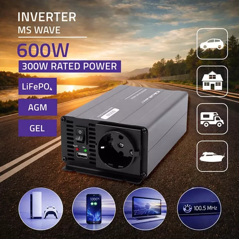 Qoltec Inverter a onda sinusoidale modificata 12V a 230V 300/600W USB compatibile con LiFePO4 GEL AGM