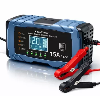 Qoltec caricabatterie intelligente a microprocessore 12V 15A | raddrizzatore con funzione di riparazione | AGM GEL LiFePO4 | ricarica in 9 fasi