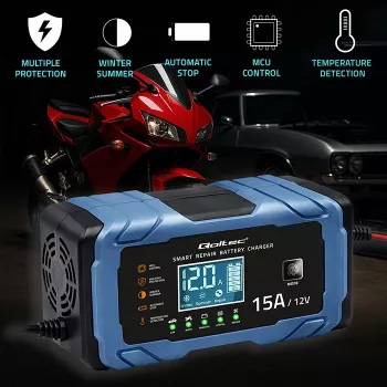 Qoltec caricabatterie intelligente a microprocessore 12V 15A | raddrizzatore con funzione di riparazione | AGM GEL LiFePO4 | ricarica in 9 fasi