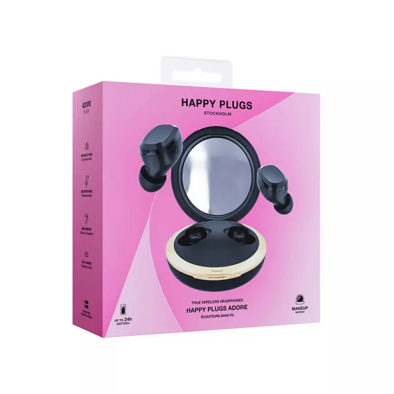 Happy Plugs Adore Cuffie In-Ear Wireless con Custodia di Ricarica a Specchio (Nero)