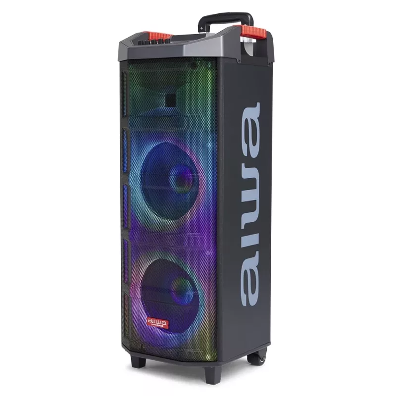 AIWA Power Audio Speaker KBTUS-710MKII 700W diffusore per feste portatile con Bluetooth, USB, SD, AUX, radio FM, luci LED, manico a trolley, ruote, telecomando, microfono