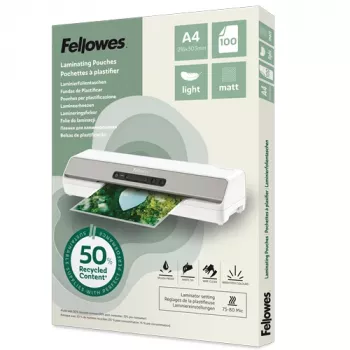 Pellicole di laminazione opache Fellowes formato A4, confezione da 100, 80 micron, riciclate