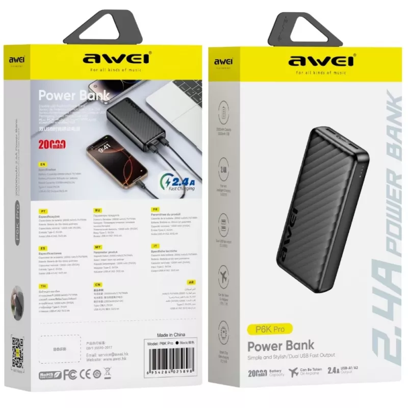 AWEI P6K Pro power bank 20000mAh 2xUSB-A/USB-C nero