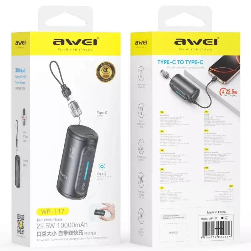 AWEI WP-117 power bank 10000mAh 22.5W 3C2xUSB-C nero