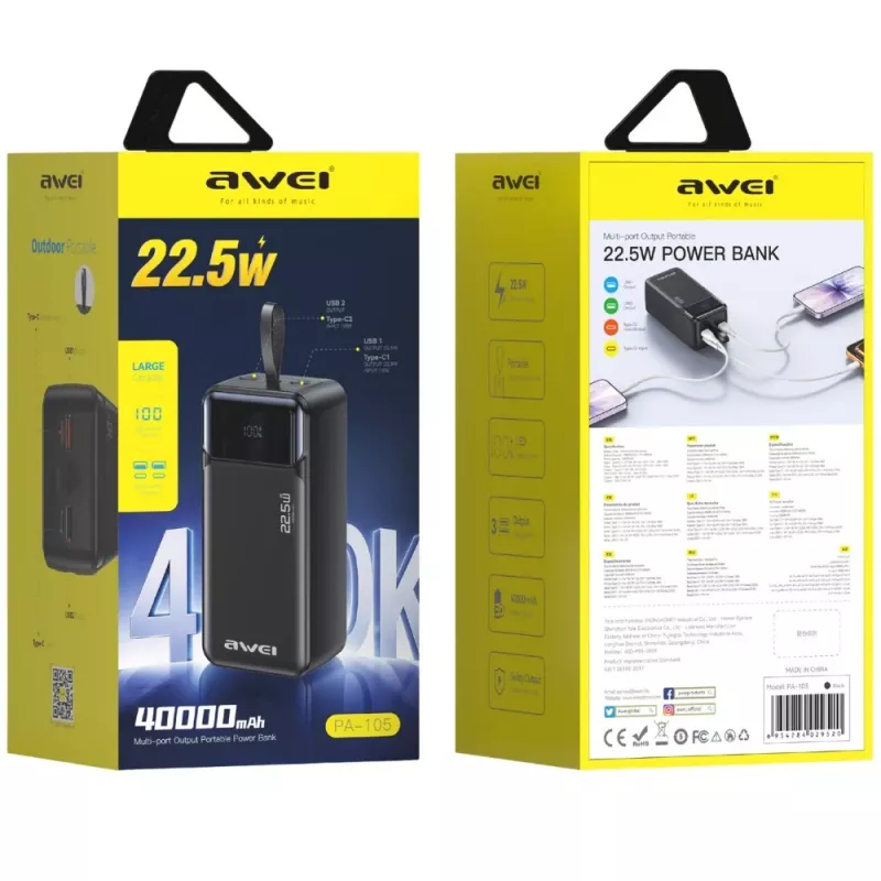 AWEI PA-105 power bank 40000mAh 22.5W PD QC 3.0 USB-C nero