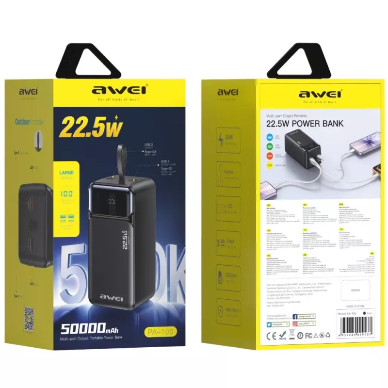 AWEI PA-106 power bank 50000mAh 22.5W PD 3xUSB-C nero