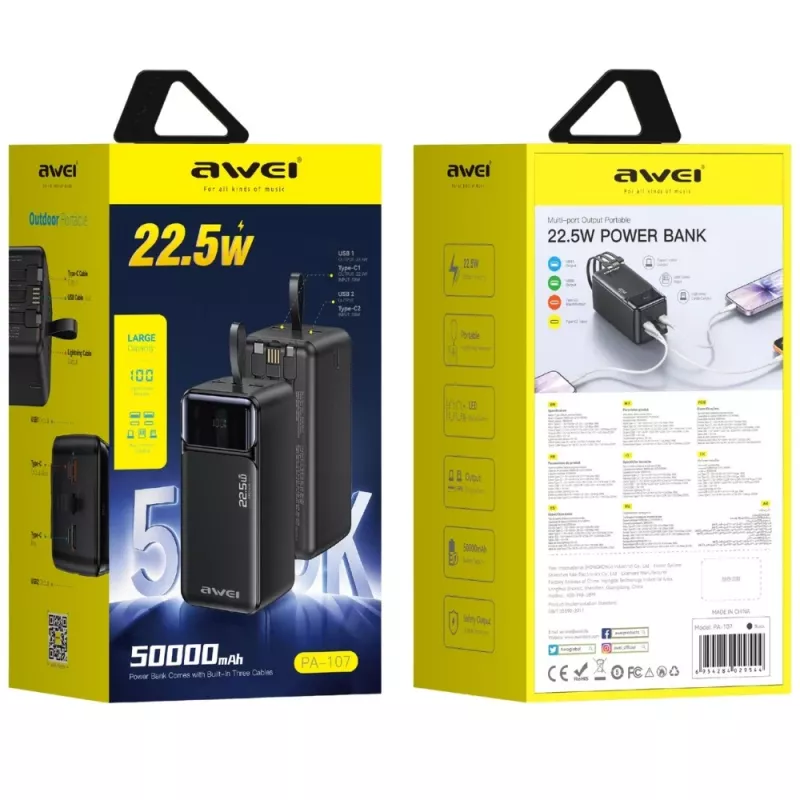 AWEI PA-107 power bank 50000mAh 22.5W PD 3xUSB nero