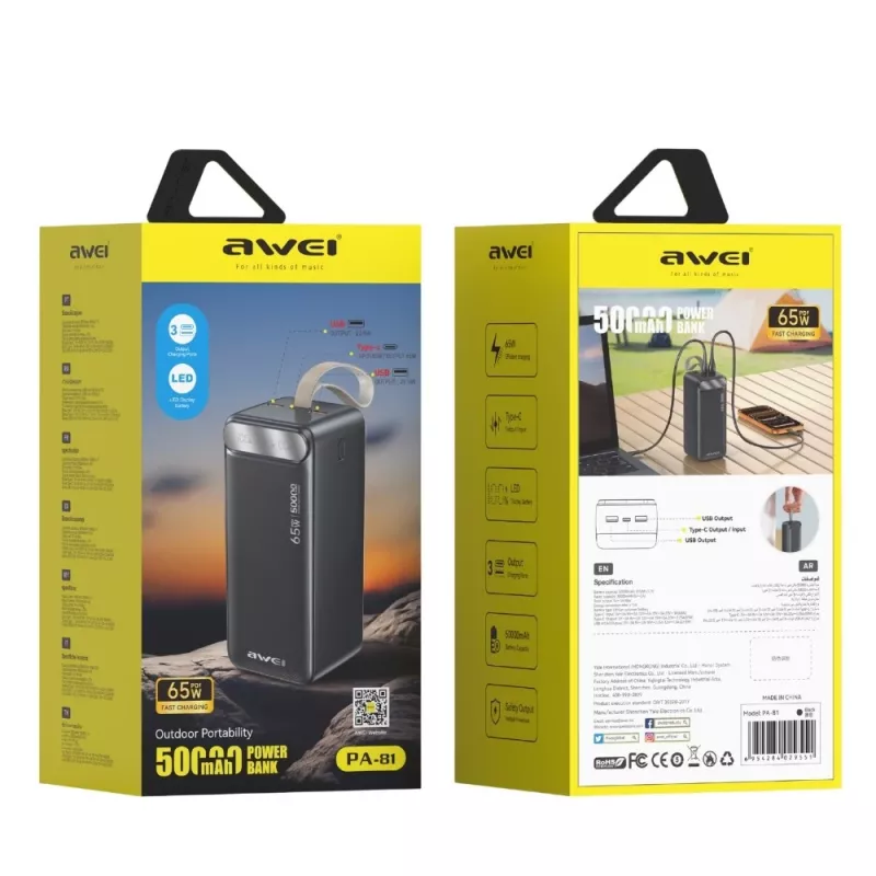 AWEI PA-81 power bank 50000mAh 65W PD 2xUSB-A/USB-C nero