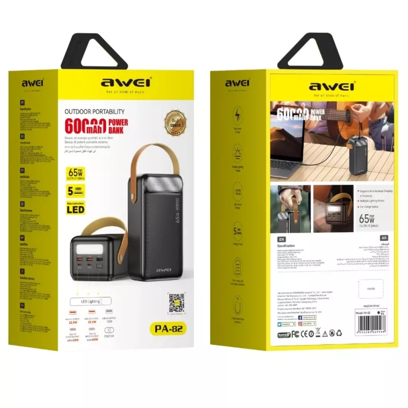 AWEI PA-82 power bank 60000mAh 65W PD 2xUSB-A/USB-C nero