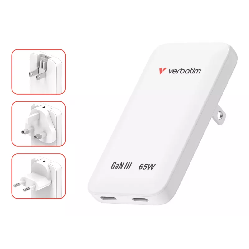 Verbatim Slim GaN Charger 2 Port 65W (EU/UK/US) bianco