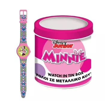 PULIO orologio analogico in scatola di latta - Disney Minnie, cinturino in pelle PU rosa, movimento al quarzo, cassa in metallo 30mm, resistente agli schizzi, bambina da 6 anni