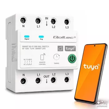 Qoltec 50976 relè smart Wi-Fi trifase 63A, guida DIN, 3P+N, timer, Tuya