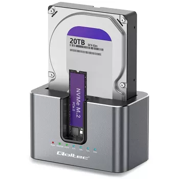 Qoltec 2in1 docking station HDD SSD SATA M.2 NVMe con funzione clonazione, USB-C 3.2 Gen 2, 10Gbps, fino a 28TB, alluminio