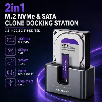 Qoltec 2in1 docking station HDD SSD SATA M.2 NVMe con funzione clonazione, USB-C 3.2 Gen 2, 10Gbps, fino a 28TB, alluminio
