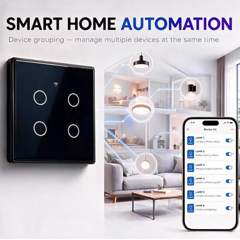 Qoltec interruttore luce smart touch 4 vie Wi-Fi timer Tuya | vetro temperato | bianco
